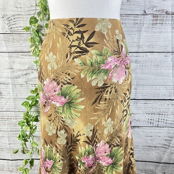 Charter Club Skirt size 16 Brown Green Pink Floral Linen Silk Bias A Line Knee - Picture 3 of 13